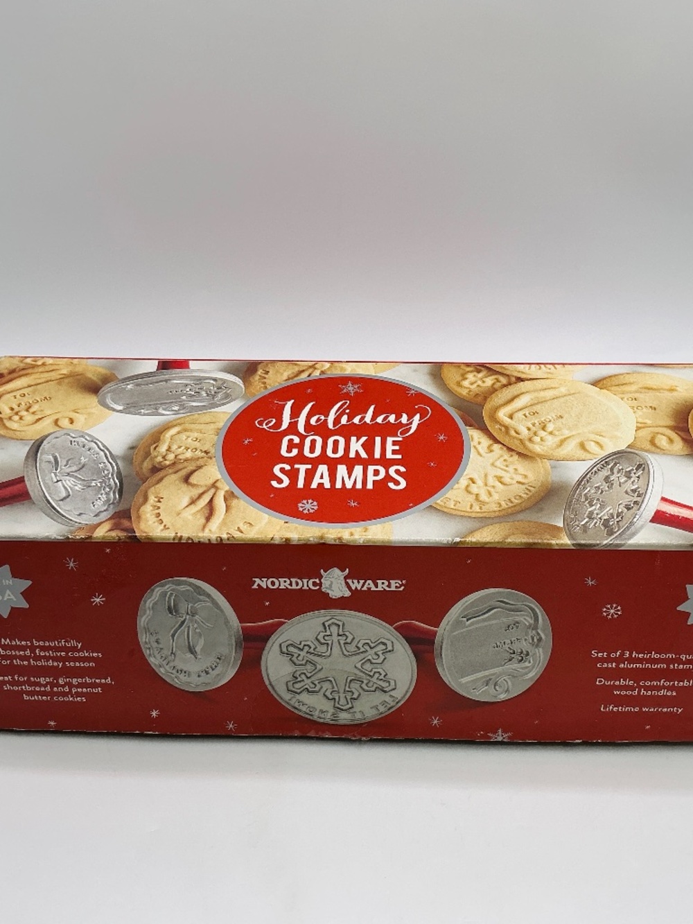 Nordic Ware Set of 3 Holiday Cookie STAMPS Made USA Cast Aluminum Wood Handles
